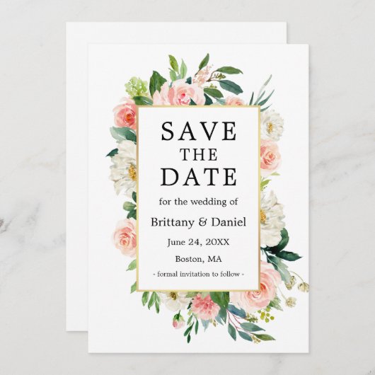 Waterverf Roze Floral Elegant Gold Lijst Save The Date (Voorkant / Achterkant)