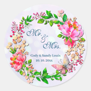 Waterverf roze Floral en vlinderlentrow Ronde Sticker