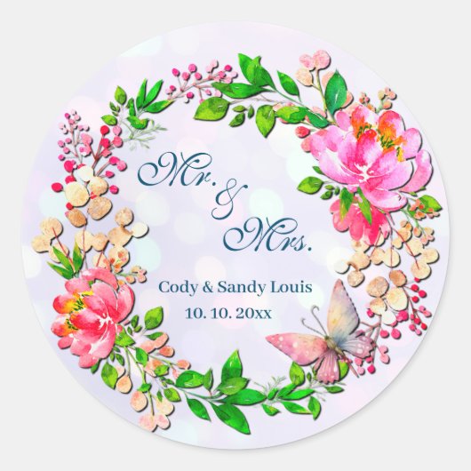 Waterverf roze Floral en vlinderlentrow Ronde Sticker (Voorkant)