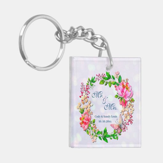 Waterverf roze Floral en vlinderlentrow Sleutelhanger (Voorkant Links)