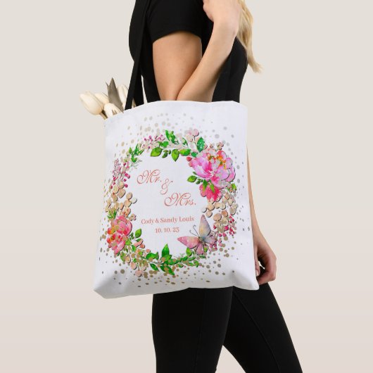 Waterverf roze Floral en vlinderlentrow Tote Bag (Dichtbij)