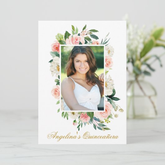 Waterverf Roze Floral Foto Quinceanera Kaart (Staand voorkant)