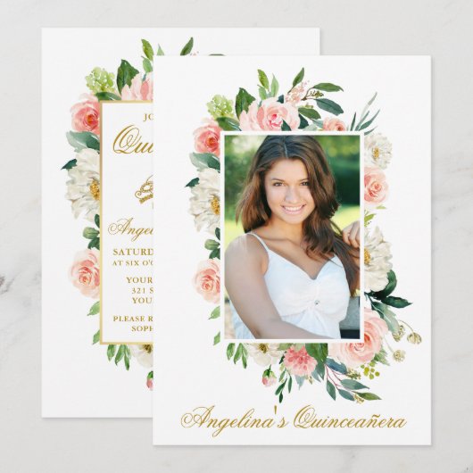 Waterverf Roze Floral Foto Quinceanera Kaart (Voorkant / Achterkant)