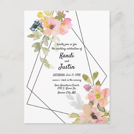 Waterverf Roze Floral Geometric Wedding Briefkaart (Voorkant)