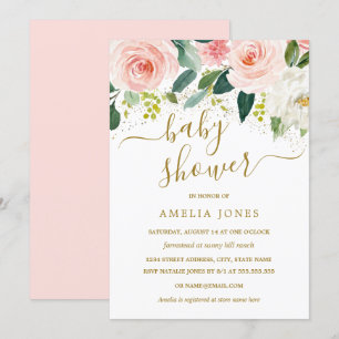 Waterverf Roze Floral Glitter Baby shower Kaart