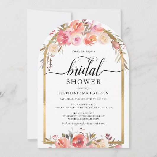 Waterverf Roze Floral Gold Arch Vrijgezellenfeest Kaart (Voorkant)