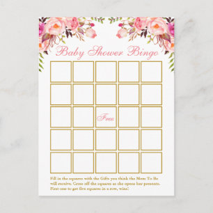 Waterverf Roze Floral Gold Baby shower Bingo Card Uitnodiging Briefkaart