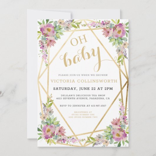 Waterverf Roze Floral Gold Geometric Baby shower Kaart (Voorkant)