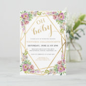 Waterverf Roze Floral Gold Geometric Baby shower Kaart (Staand voorkant)