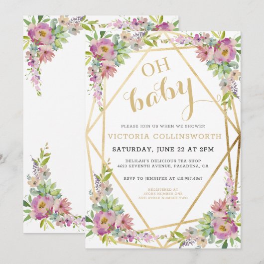 Waterverf Roze Floral Gold Geometric Baby shower Kaart (Voorkant / Achterkant)