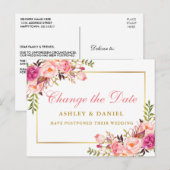 Waterverf Roze Floral Gold wijzig de datum Briefkaart (Voorkant / Achterkant)
