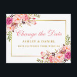 Waterverf Roze Floral Gold wijzig de datum Briefkaart<br><div class="desc">Moderne elegante Waterverf Roze Blush Floral Change The Date Wedding Postponement Briefkaart kenmerkt roze rozen,  groen en een gouden lijst.</div>