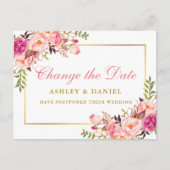 Waterverf Roze Floral Gold wijzig de datum Briefkaart (Voorkant)