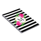 Waterverf Roze Floral Monogram Black White Stripe Notitieboek (Rechterzijde)