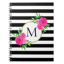 Waterverf Roze Floral Monogram Black White Stripe Notitieboek