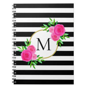 Waterverf Roze Floral Monogram Black White Stripe Notitieboek