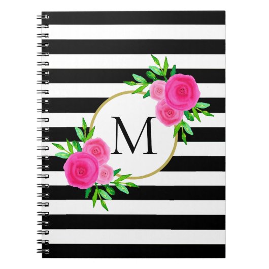 Waterverf Roze Floral Monogram Black White Stripe Notitieboek (Voorkant)