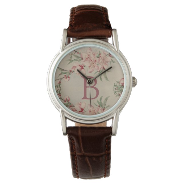  Waterverf Roze Floral Monogram Horloge (Voorkant)