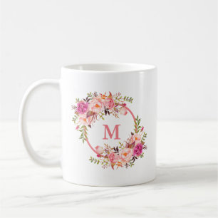 Waterverf Roze Floral Monogram Koffiemok