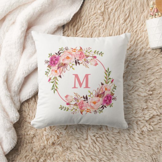 Waterverf Roze Floral Monogram Kussen (Deken)