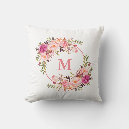 Waterverf Roze Floral Monogram Kussen (Voorkant)