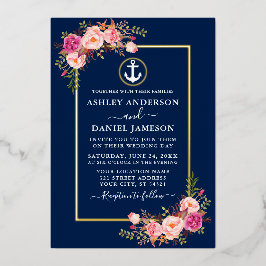 Waterverf Roze Floral Nautical Anchor Blue Gold Folie Uitnodiging