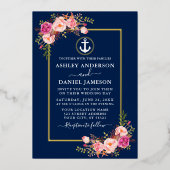 Waterverf Roze Floral Nautical Anchor Blue Gold Folie Uitnodiging (Voorkant)