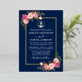 Waterverf Roze Floral Nautical Anchor Blue Gold Folie Uitnodiging (Staand Voorkant)