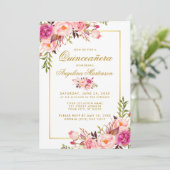Waterverf Roze Floral Quinceanera Gold Kaart (Staand voorkant)