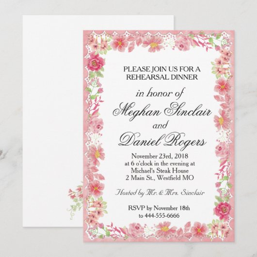 Waterverf Roze Floral repetitie Binnenkort Uitnodi Kaart (Voorkant / Achterkant)