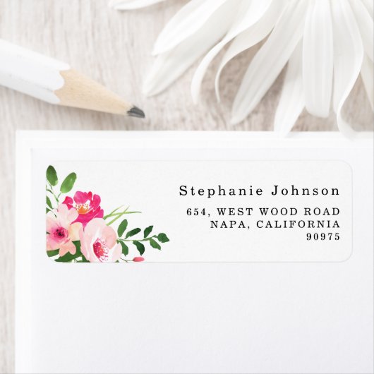  Waterverf Roze Floral Return-adres Etiket (Insitu)