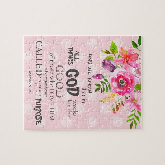 Waterverf Roze Floral Romans 8:28 Bijbelversie Legpuzzel (Horizontaal)