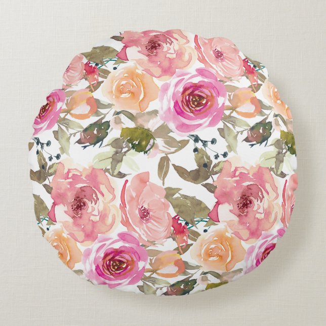 Waterverf  roze Floral Round Pillow Rond Kussen (Voorkant)