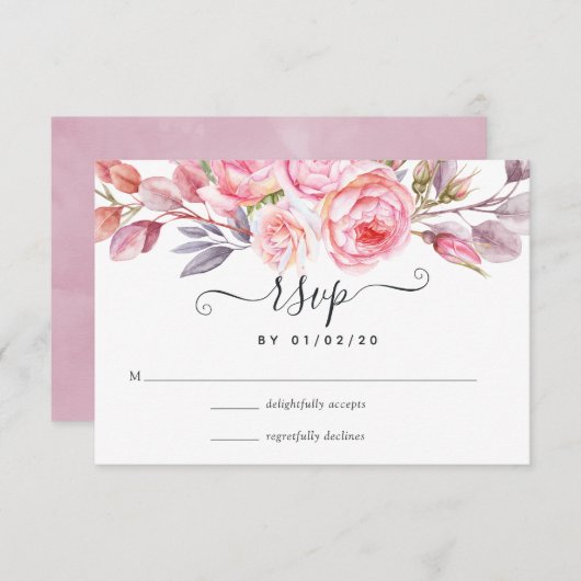 Waterverf Roze Floral RSVP Kaartje (Voorkant / Achterkant)