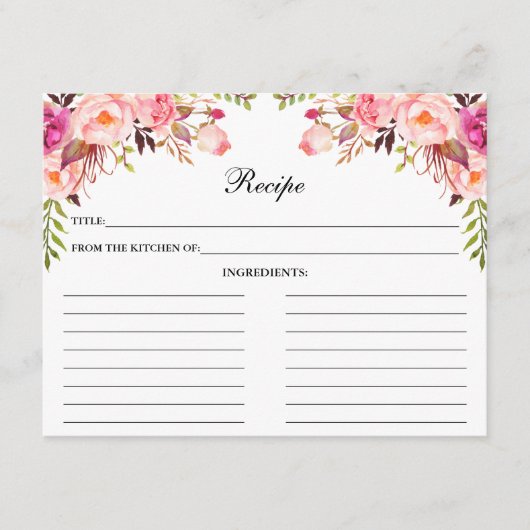 Waterverf Roze Floral Shower Recipcard Advieskaart (Voorkant)