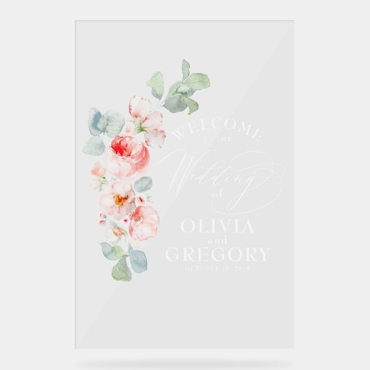 Waterverf Roze Floral Weddenschap Welkom Acryl Bord (Voorkant)