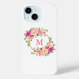 Waterverf Roze Floral Wreatmonogram iPhone 15 Case