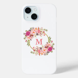 Waterverf Roze Floral Wreatmonogram iPhone 15 Case