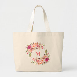 Waterverf Roze Floral Wreatmonogram Grote Tote Bag