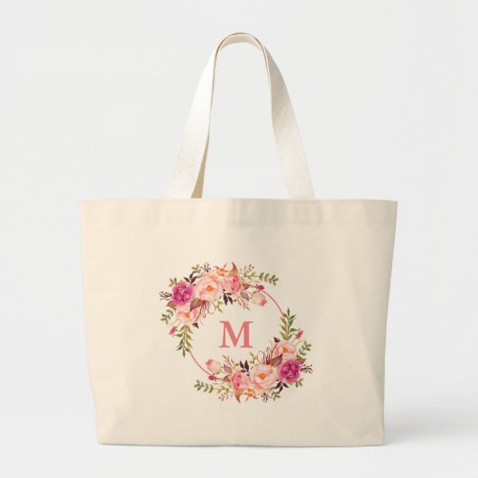 Waterverf Roze Floral Wreatmonogram Grote Tote Bag (Voorkant)