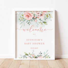 Waterverf roze florale baby shower welkomstteken poster