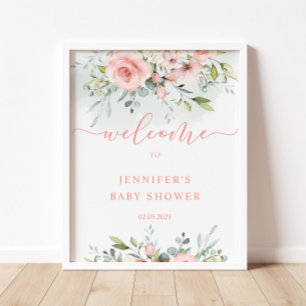 Waterverf roze florale baby shower welkomstteken poster