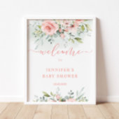 Waterverf roze florale baby shower welkomstteken poster