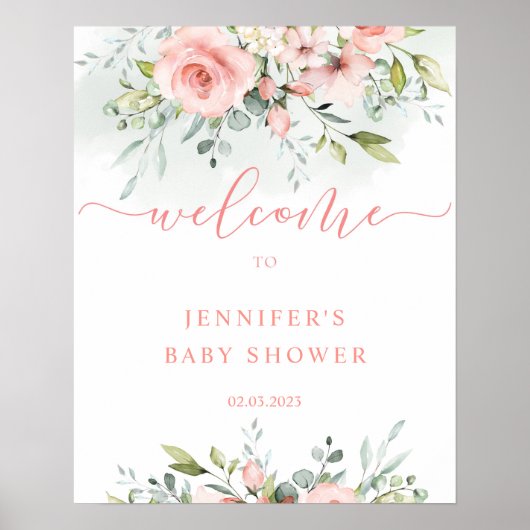 Waterverf roze florale baby shower welkomstteken poster (Voorkant)