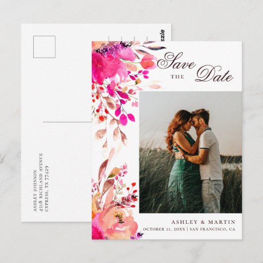 Waterverf roze florale bruiloft Opslaan Datum Briefkaart (Voorkant / Achterkant)