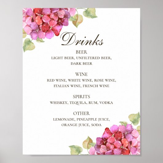 Waterverf roze florale drink bar poster (Voorkant)
