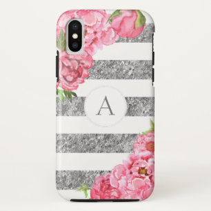 Waterverf Roze florale Silver strepen monogram iPhone X Hoesje