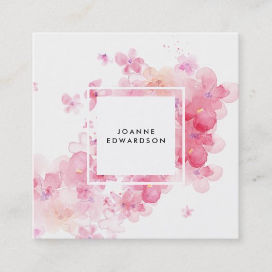 Waterverf roze florale spleet wit lijst vierkante visitekaartje (Voorkant)