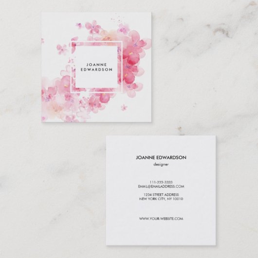 Waterverf roze florale spleet wit lijst vierkante visitekaartje (Voorkant / Achterkant)