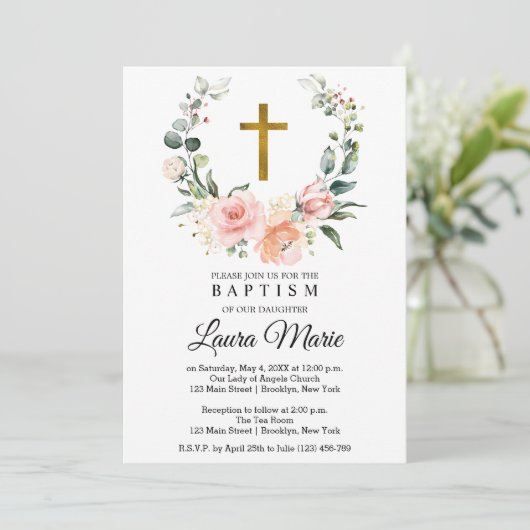 Waterverf Roze Florals Baptisme Kaart (Staand voorkant)